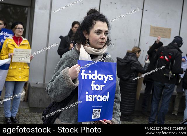 15 December 2023, Berlin: Hanna Veiler, President of the Jewish Student Union of Germany (JSUD), stands in front of the entrance to the cafeteria of Freie...