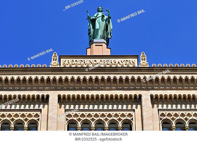 Statue of Lady Justice on the building of the Government of Upper Bavaria, Maximilianstrasse street, Munich, Bavaria, Germany, Eruope