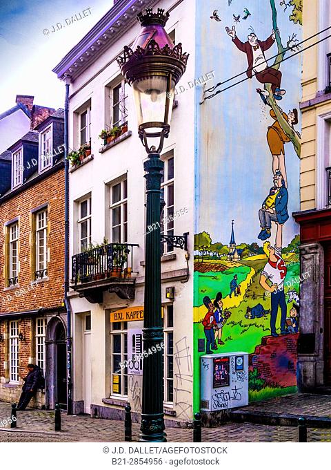 Belgium.  "BD Facade" (Comics street wall) at saint Géry, Brussels