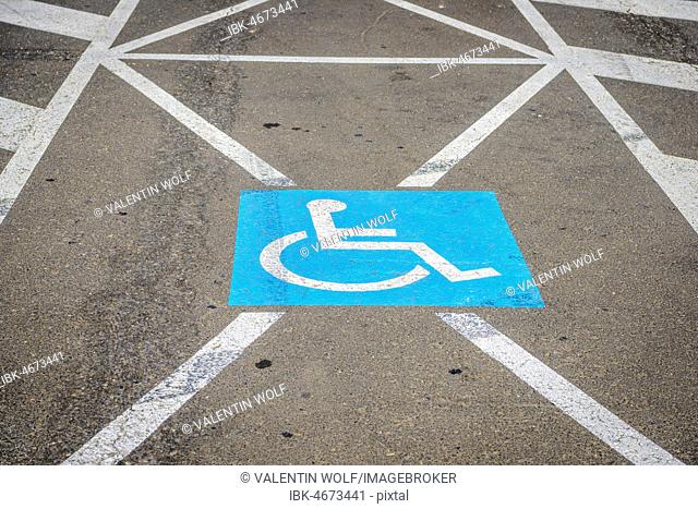 Sign for disabled parking on the ground, San Cristóbal de La Laguna, , Tenerife, Canary Islands, Canary Islands, Spain
