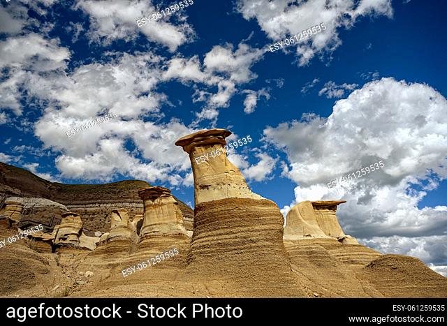 Sandstone Hoodoos and rock formations in the Canadian Badlands, Drumheller, Alberta, Canada