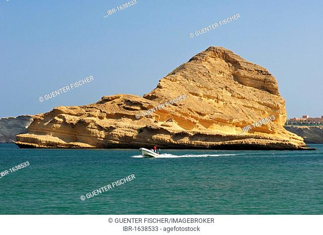 Boat trip in the picturesque Barr Al Jissah bay, Gulf of Oman near Muscat, Sultanate of Oman, Middle East