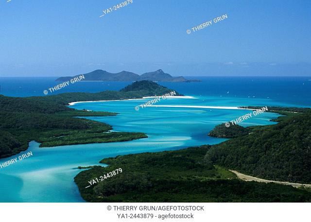 Australia, Queensland, Whitsunday island, sand water canal going down to Hill Inlet and Whitehaven Beach aerial view