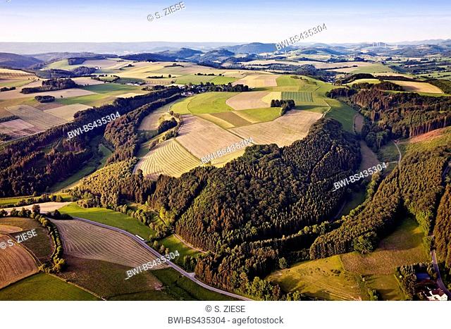 aerial view of hilly field and forest landscape near Bueemke, Germany, North Rhine-Westphalia, Sauerland, Eslohe