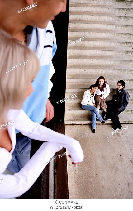 teenagers, watching, happy, stairs, friends, group