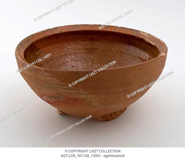 Earthenware bowl, red shard, inside lead glaze, on three pinched stand fins, bowl crockery holder soil find ceramic earthenware glaze lead glaze