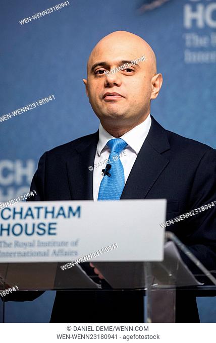Justice Secretary Sajid Javid MP delivers his speech 'Free Trade and 'Unlocking Prosperity' at Chatham House. Featuring: Sajid Javid Where: London