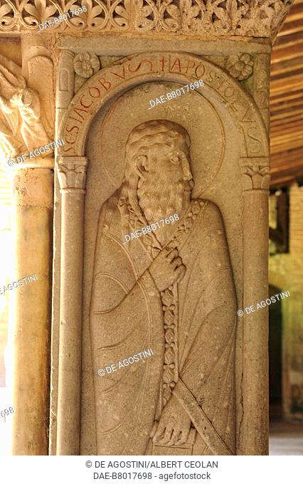 Saint James, relief on a corner pillar, 1100, cloister of Saint-Pierre Abbey (UNESCO World Heritage Site, 1998), Moissac, Occitanie, France, 12th century