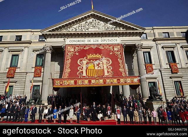 King Felipe VI of Spain, Queen Letizia of Spain, Crown Princess Leonor, Princess Sofia attends Opening of the 14th Legislature at Congreso de los Diputados on...