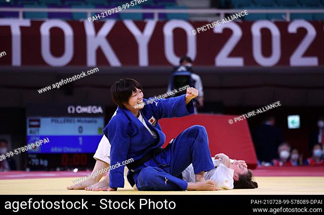 28 July 2021, Japan, Tokio: Judo: Olympia, - 70 kg, women, final, Chizuru Arai from Japan cheers after beating Michaela Polleres from Austria