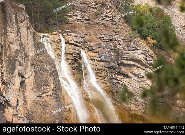 RUSSIA, REPUBLIC OF CRIMEA - NOVEMBER 24, 2023: The Uchan-su waterfall pours down 6km west of the Black Sea coast city of Yalta, southern Crimea