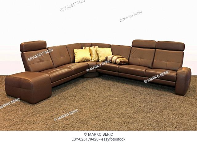 Brown Leather Corner Sofa With Pillows