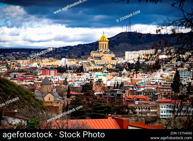 Famous view to Narikala castle, mosque and sameba cathedral in Old Tbilisi, Georgia