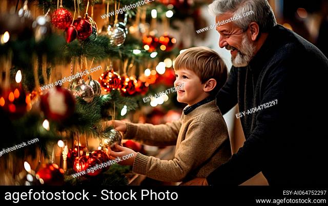 Grandfather and grandson decorating christmas tree with baubles