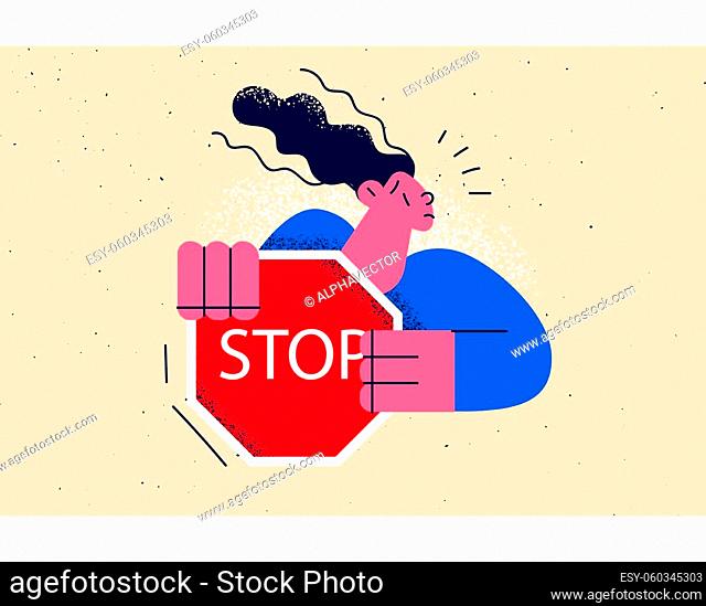 Stop sign, refusal, warning concept. Young frustrated woman cartoon character standing holding red traditional stop sign in hands vector illustration