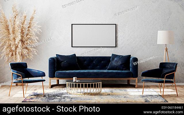 horizontal blank poster frames on gray wall mockup in modern luxury interior design with dark blue sofa, armchairs near cofee table, fancy rug on wooden floor
