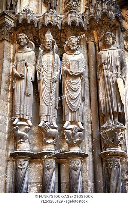 Gothic statues from the North porch of Cathedral of Chartres, France. . A UNESCO World Heritage Site