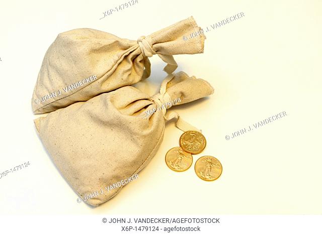 Two money bags with three 1 oz American Eagle gold coins