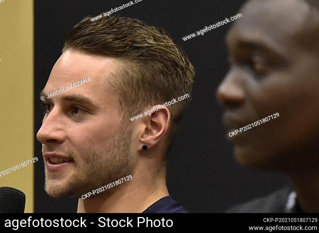 From right javelin throwers Anderson Peters of Grenada, Johanenes Vetter of Germany speak for photographers during the press conference prior to Zlata tretra...