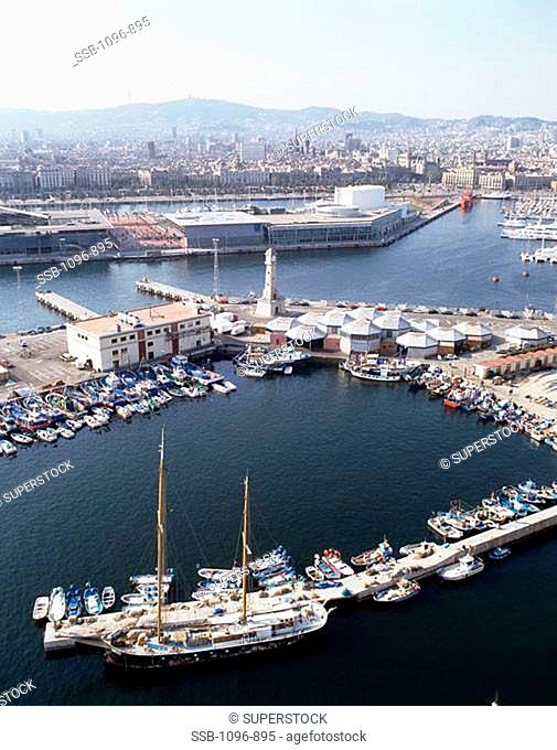 High angle view of boats moored in a harbor, Port Vell, Barcelona, Spain