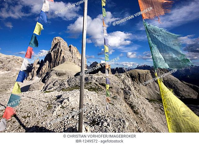 Prayer flags, Paternkofel mountain, Sexten Dolomites, Alto Adige, Italy, Europe
