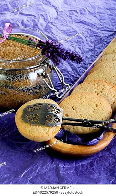 Lavender Cookies with Sugar and flowers on purple paper