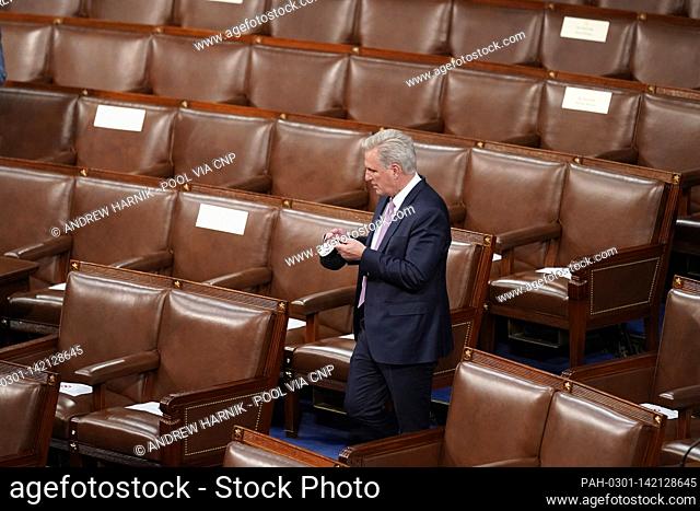 United States House Minority Leader Kevin McCarthy (Republican of California), arrives before President Joe Biden speaks to a joint session of Congress...