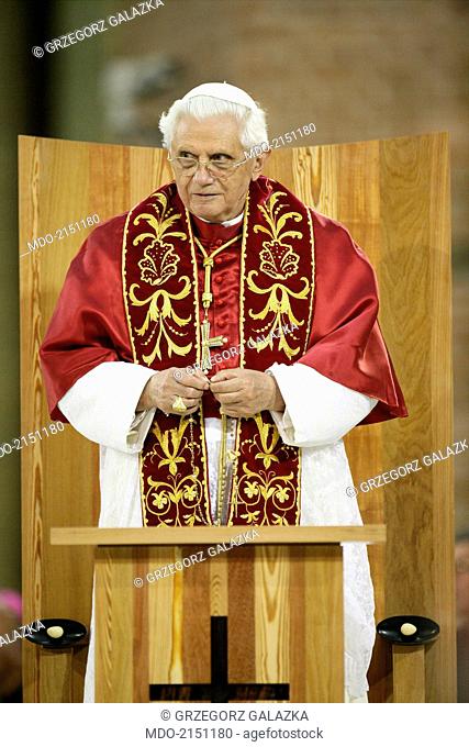 The pope Benedict XVI (Joseph Aloisius Ratzinger) saying he rosary during the meeting with priests, religious, seminarians and deacons at Santuario Basilica