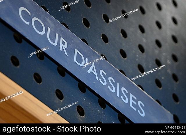 Illustration picture shows a sign reading 'Cour D'Assises' during the opening session of the assizes trial of Onjanirina Rakotomalala