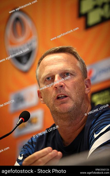 Genk's head coach John van den Brom pictured during a press conference of Belgian soccer team KRC Genk, Monday 09 August 2021 in Kyev (Kiev), Ukraine