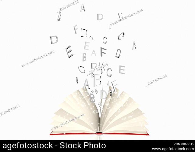 Open book with flying letters lying isolated on white