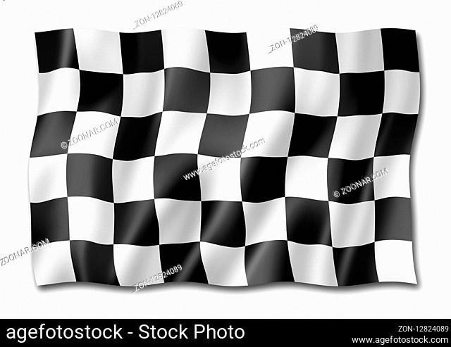 Auto racing finish checkered flag, three dimensional render, isolated on white