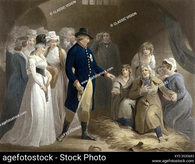 George III visits the prison at Dorchester with his family. Royal Beneficence. From a print by Charles Howard Hodges dated 1793, after a work by Thomas Stothard