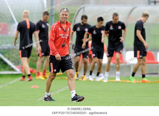 Head Coach of Slavia Jaroslav Silhavy is seen during the training session prior to the third qualifying round match SK Slavia Praha vs FC BATE Borisov within...