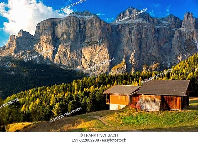 Alpin hut at Passo Pordoi with Sella Group, Dolomites, Italian Alps