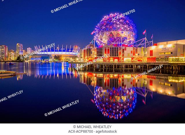 Night illumination, Telus World of Science and BC Place Stadium, False Creek, Vancouver, British Columbia, Canada