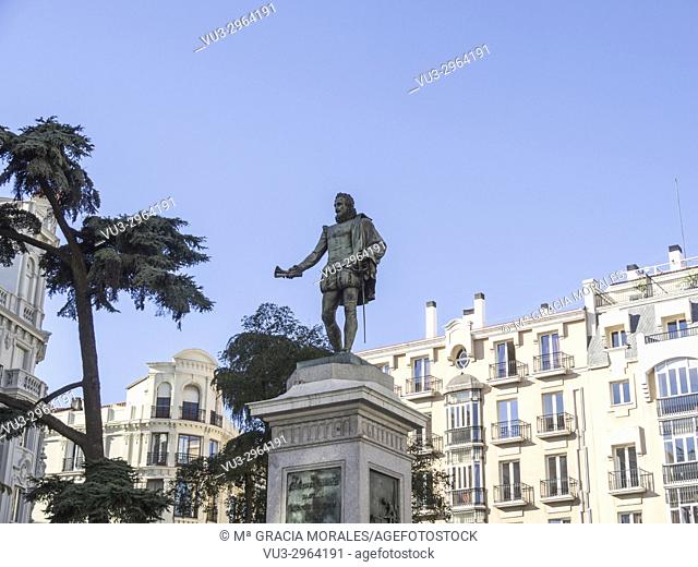 Statue of Cervantes in the Plaza de las Cortes. Madrid, Spain