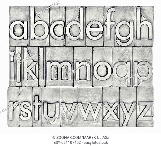 lowercase English alphabet in vintage metal letterpress type, square composition isolated on white, black and white image