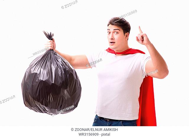 Superhero man with garbage sack isolated on white
