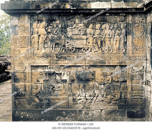 The reliefs on the terraces of Borobudur depict scenes from the life of Buddha