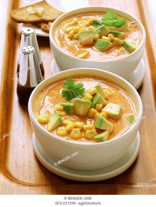 Tomato soup with sweetcorn and avocado