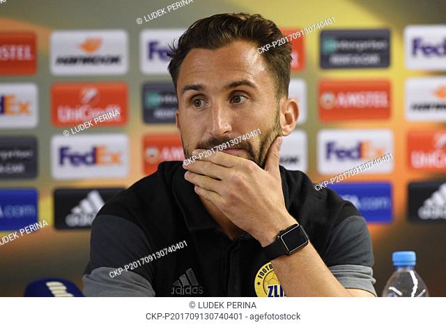 Soccer player Petr Jiracek speaks during the FC Fastav Zlin press conference prior to the UEFA Europa League match between FC Fastav Zlin and FC Sheriff...