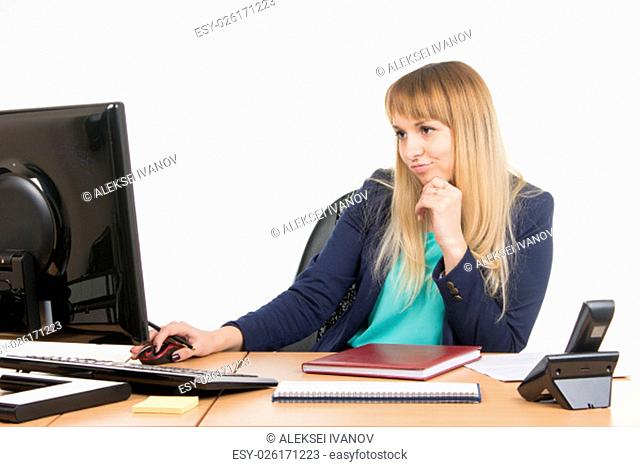 Young woman secretary sitting at office desk working, isolated on white background