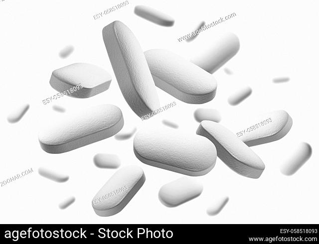 White tablets levitate on a white background