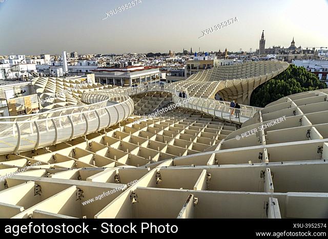 the futuristic wooden structure and viewing platform Metropol Parasol located at La Encarnación square, Seville, Andalusia, Spain