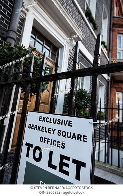 To let sign on commercial property in Berkeley Square, Mayfair; London, UK