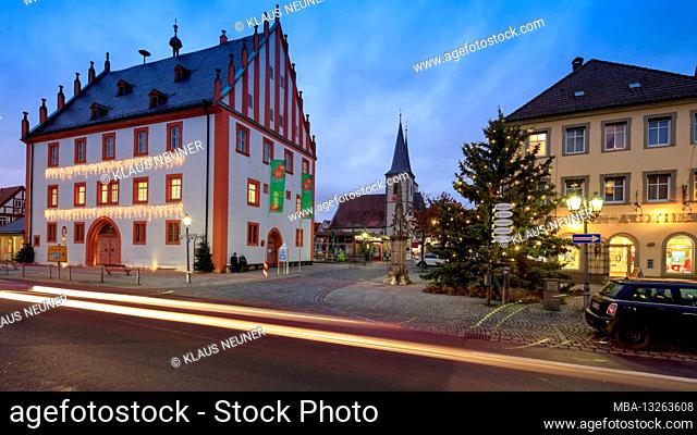 Old town hall, illuminated, city parish church, Advent, house facade, Haßfurt, Franconia, Bavaria, Germany, Europe