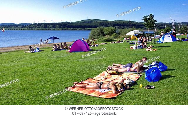 Germany. Krombach reservoir, Krombach dam, Krombach lake, dam up of the Rehbach river, the area of the lake is shared among two Federal German States, Driedorf