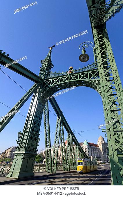 Freedom bridge (Szabadsag hid) over the Danube with view to the Gellert hotel, Hungarian, Budapest