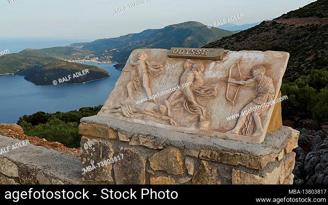 Ionian Islands, Ithaka, island of Odysseus, capital, Vathi, above Vathi, Molos-Buchgt, lookout point, monument to Odysseus, stone relief